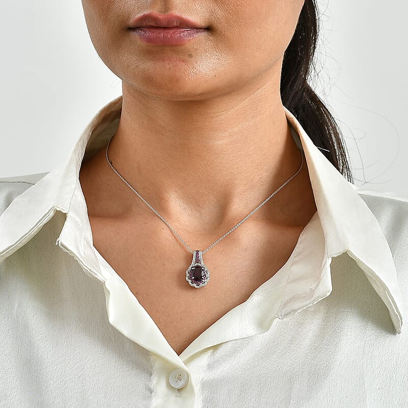 D'Joy Orissa Rhodolite Garnet and White Zircon 3.30 ctw Pendant Necklace in Rhodium Over Sterling Silver (20 Inches)
