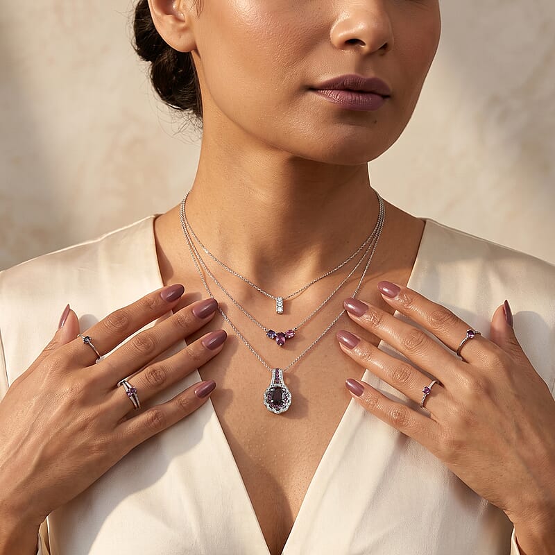 D'Joy Orissa Rhodolite Garnet and White Zircon 3.30 ctw Pendant Necklace in Rhodium Over Sterling Silver (20 Inches)