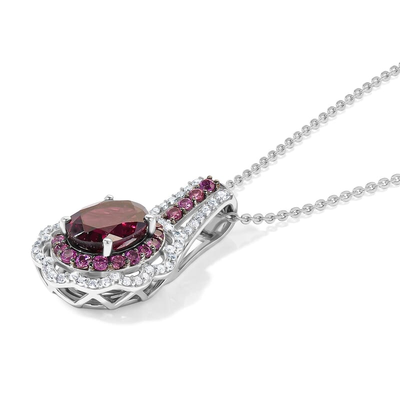 D'Joy Orissa Rhodolite Garnet and White Zircon 3.30 ctw Camellia Floral Pendant Necklace in Rhodium Over Sterling Silver (20 Inches)