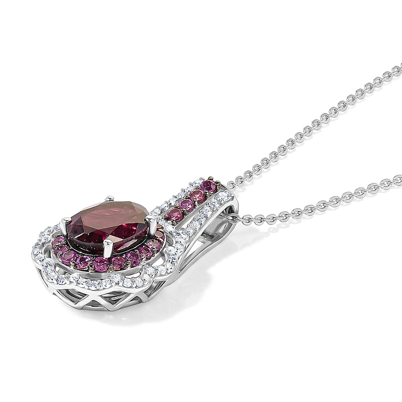 D'Joy Orissa Rhodolite Garnet and White Zircon 3.30 ctw Pendant Necklace in Rhodium Over Sterling Silver (20 Inches)