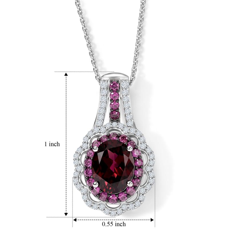 D'Joy Orissa Rhodolite Garnet and White Zircon 3.30 ctw Camellia Floral Pendant Necklace in Rhodium Over Sterling Silver (20 Inches)
