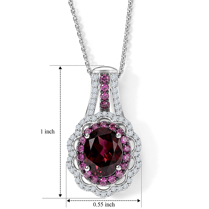 D'Joy Orissa Rhodolite Garnet and White Zircon 3.30 ctw Pendant Necklace in Rhodium Over Sterling Silver (20 Inches)