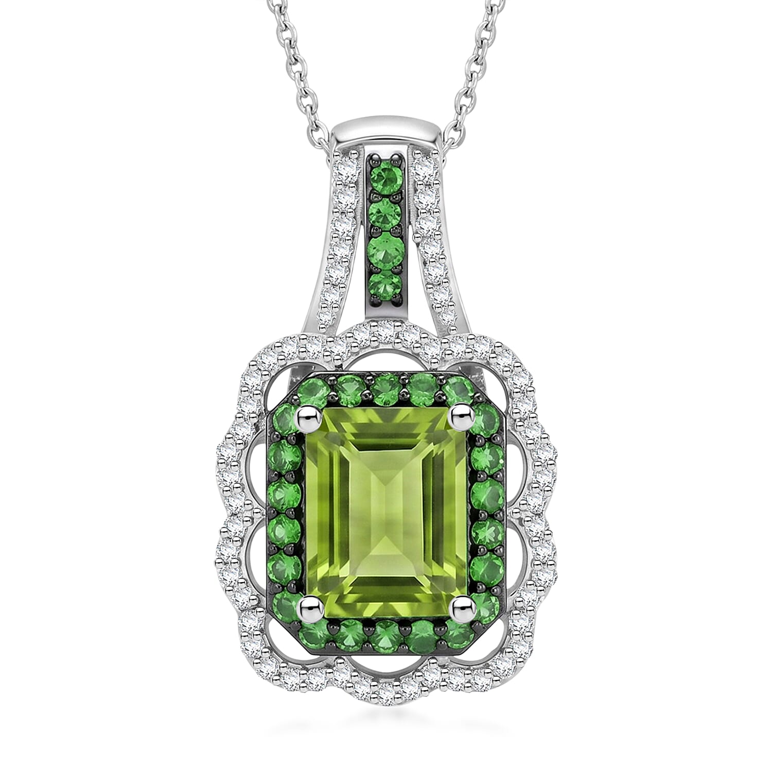 D'Joy Hebei Peridot and Multi Gemstone 3.30 ctw Camellia Floral Pendant Necklace in Rhodium Over Sterling Silver (20 Inches)