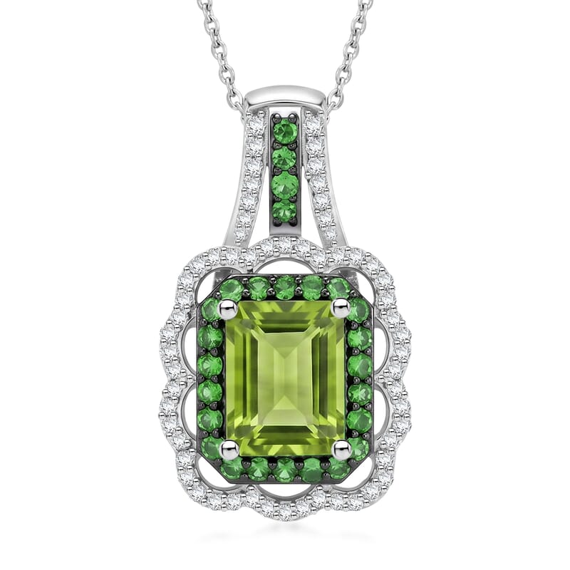 D'Joy Hebei Peridot and Multi Gemstone 3.30 ctw Camellia Floral Pendant Necklace in Rhodium Over Sterling Silver (20 Inches)
