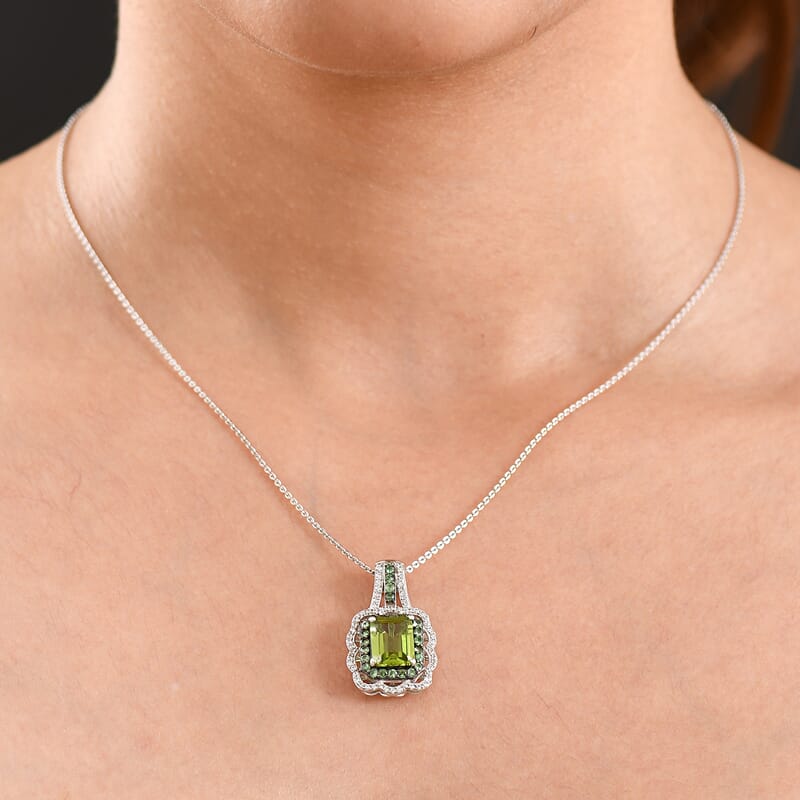 D'Joy Hebei Peridot and Multi Gemstone 3.30 ctw Camellia Floral Pendant Necklace in Rhodium Over Sterling Silver (20 Inches)