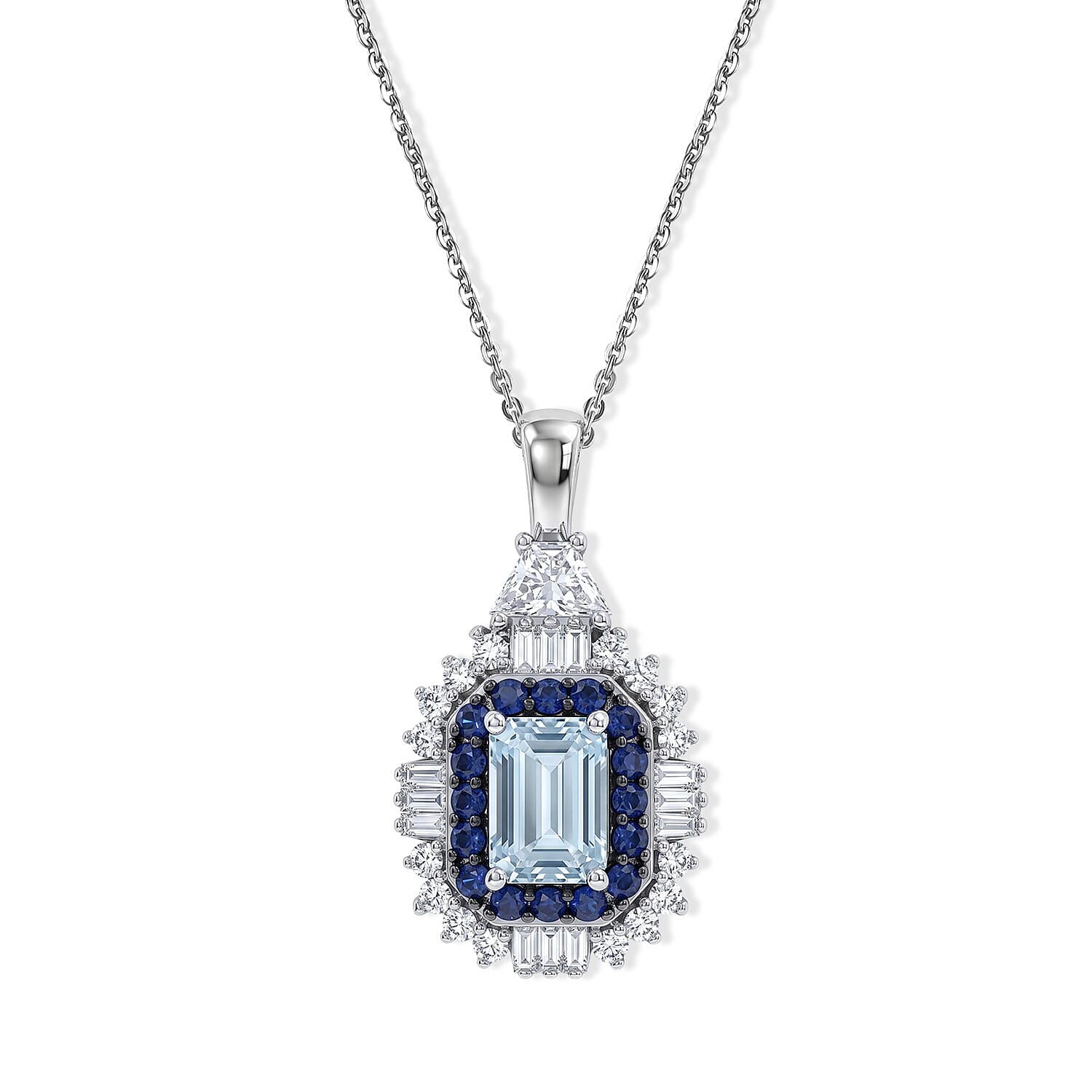 D'Joy Premium Santa Maria Aquamarine and Multi Gemstone 1.70 ctw Crown Halo Pendant Necklace in Rhodium Over Sterling Silver 20 Inches