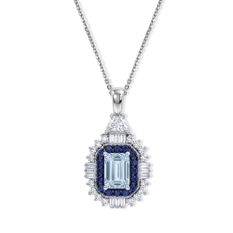 D'Joy Premium Santa Maria Aquamarine and Multi Gemstone 1.70 ctw Crown Halo Pendant Necklace in Rhodium Over Sterling Silver 20 Inches