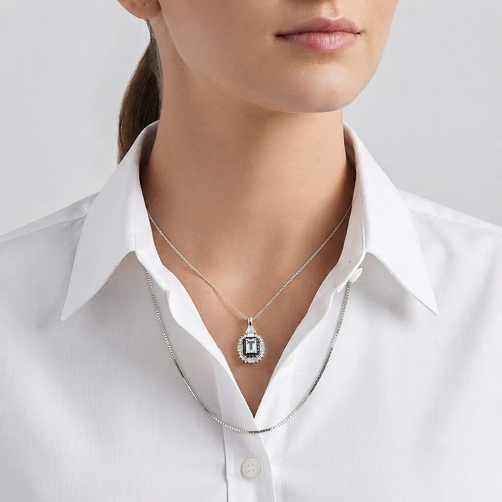 D'Joy Premium Santa Maria Aquamarine and Multi Gemstone 1.70 ctw Crown Halo Pendant Necklace in Rhodium Over Sterling Silver 20 Inches