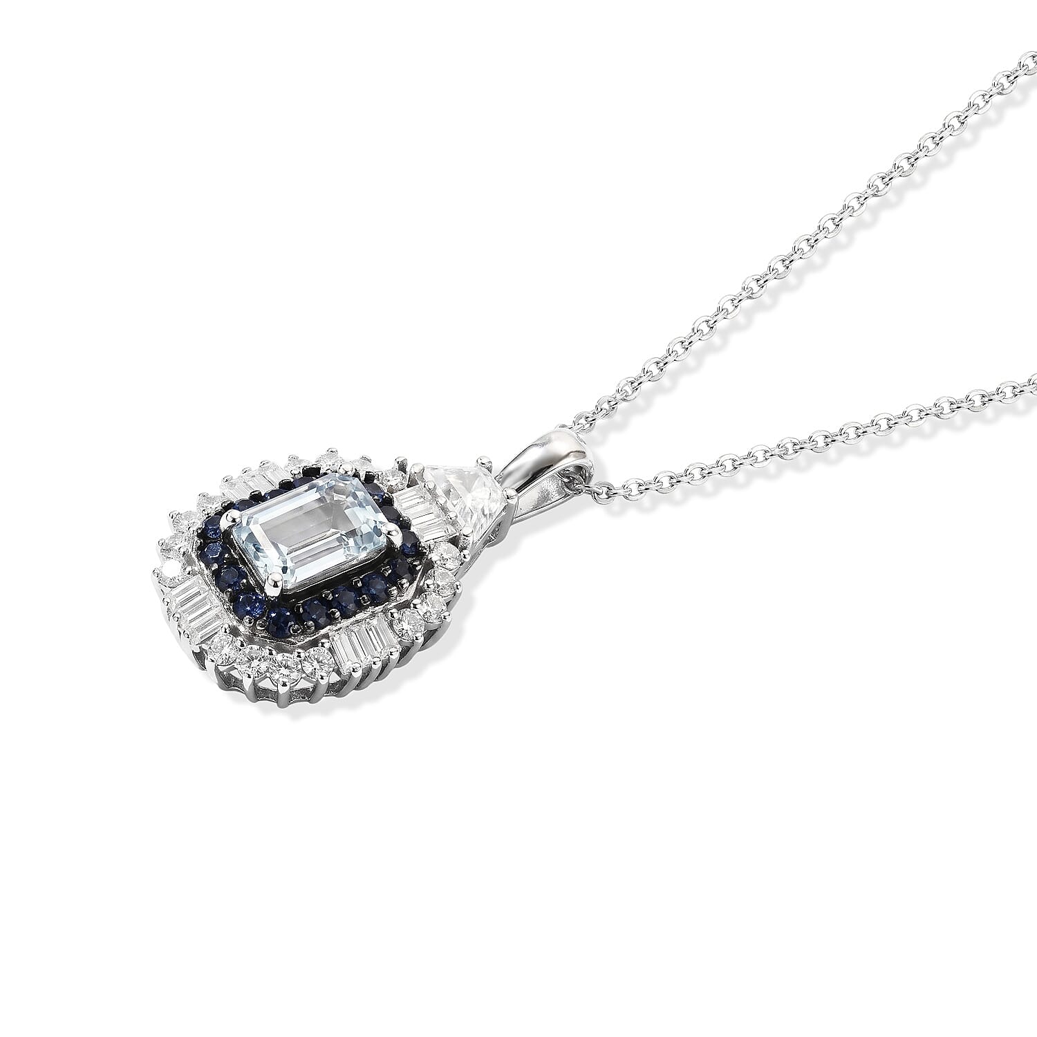 D'Joy Premium Santa Maria Aquamarine and Multi Gemstone 1.70 ctw Crown Halo Pendant Necklace in Rhodium Over Sterling Silver 20 Inches