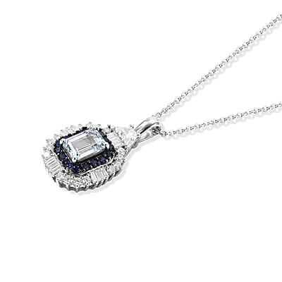 D'Joy Premium Santa Maria Aquamarine and Multi Gemstone 1.70 ctw Crown Halo Pendant Necklace in Rhodium Over Sterling Silver 20 Inches
