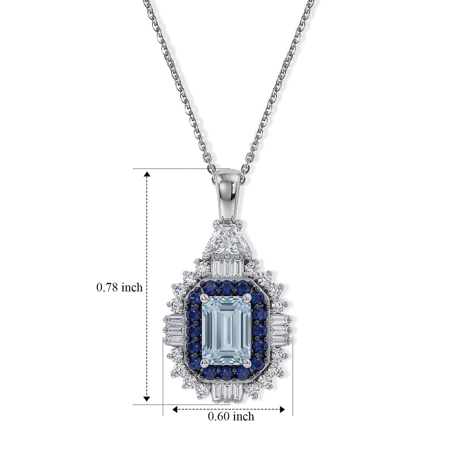 D'Joy Premium Santa Maria Aquamarine and Multi Gemstone 1.70 ctw Crown Halo Pendant Necklace in Rhodium Over Sterling Silver 20 Inches
