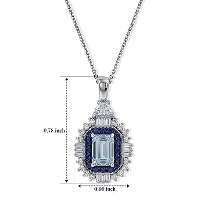 D'Joy Premium Santa Maria Aquamarine and Multi Gemstone 1.70 ctw Crown Halo Pendant Necklace in Rhodium Over Sterling Silver 20 Inches