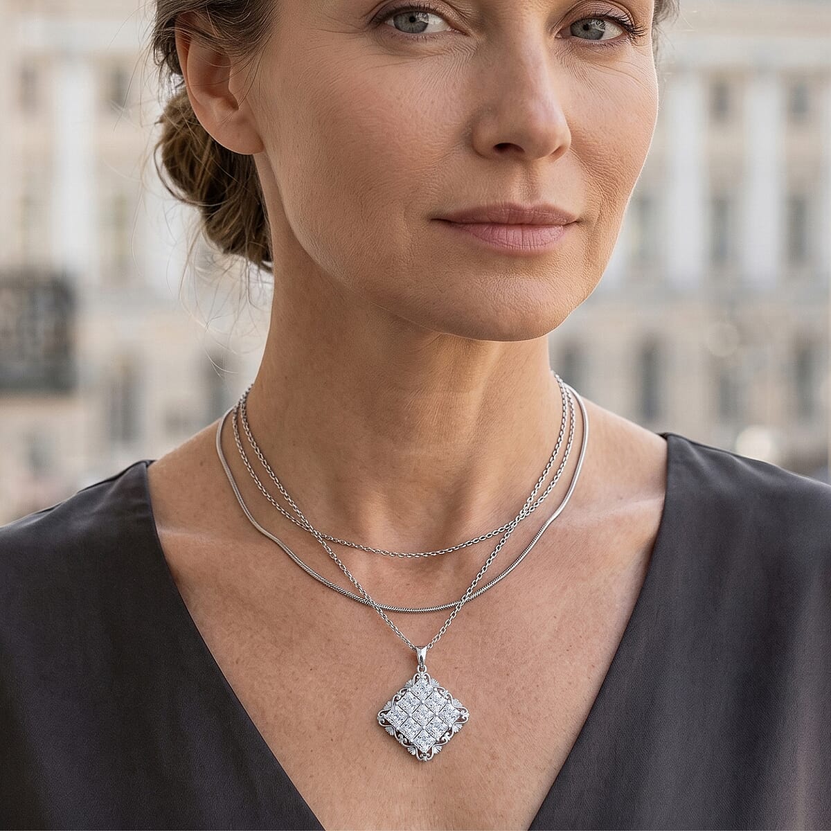 EverTrue Simulated Diamond Pendant in Platinum Bond with Stainless Steel Necklace (20 Inches) image number 2