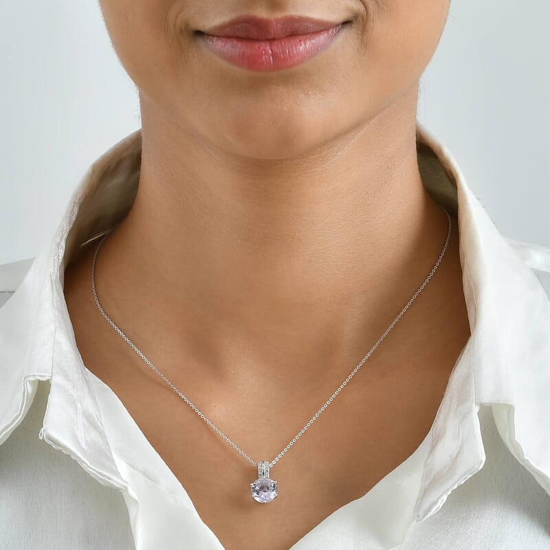 D'Joy Rose De France Amethyst and White Zircon 2.75 ctw Pendant Necklace in Rhodium Over Sterling Silver 20 Inches
