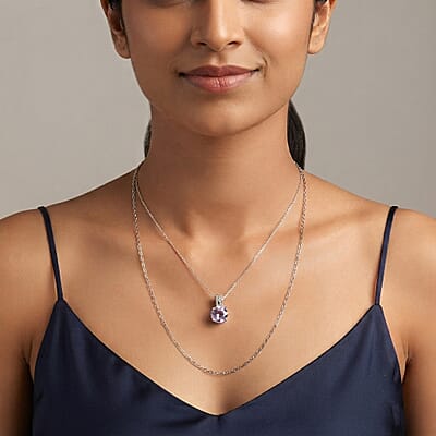 D'Joy Rose De France Amethyst and White Zircon 2.75 ctw Pendant Necklace in Rhodium Over Sterling Silver 20 Inches