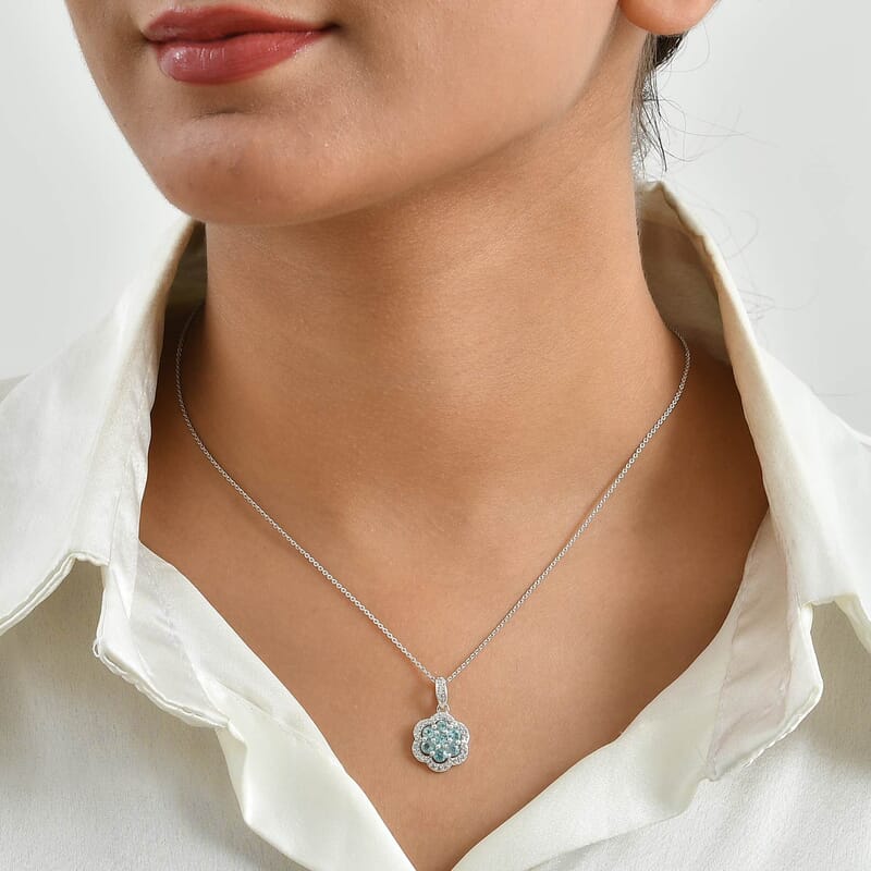 D'Joy Lagoon Apatite and White Zircon 1.35 ctw Pendant Necklace in Rhodium Over Sterling Silver 20 Inches