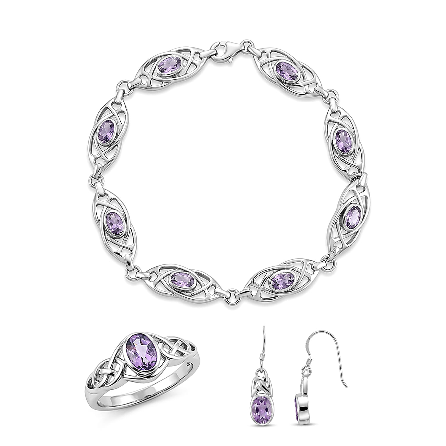 Amethyst 2.70 ctw Earrings, Ring (Size 5.0) and Bracelet (7.50-8.50In) in Sterling Silver