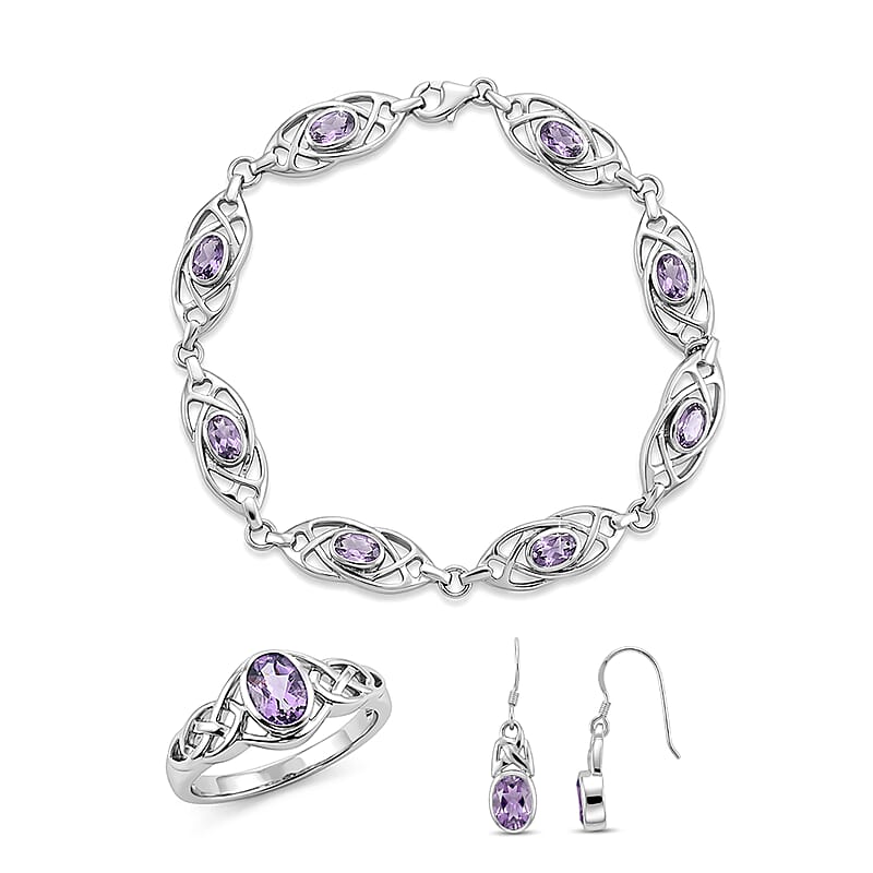 Amethyst 2.70 ctw Earrings, Ring (Size 5.0) and Bracelet (7.50-8.50In) in Sterling Silver