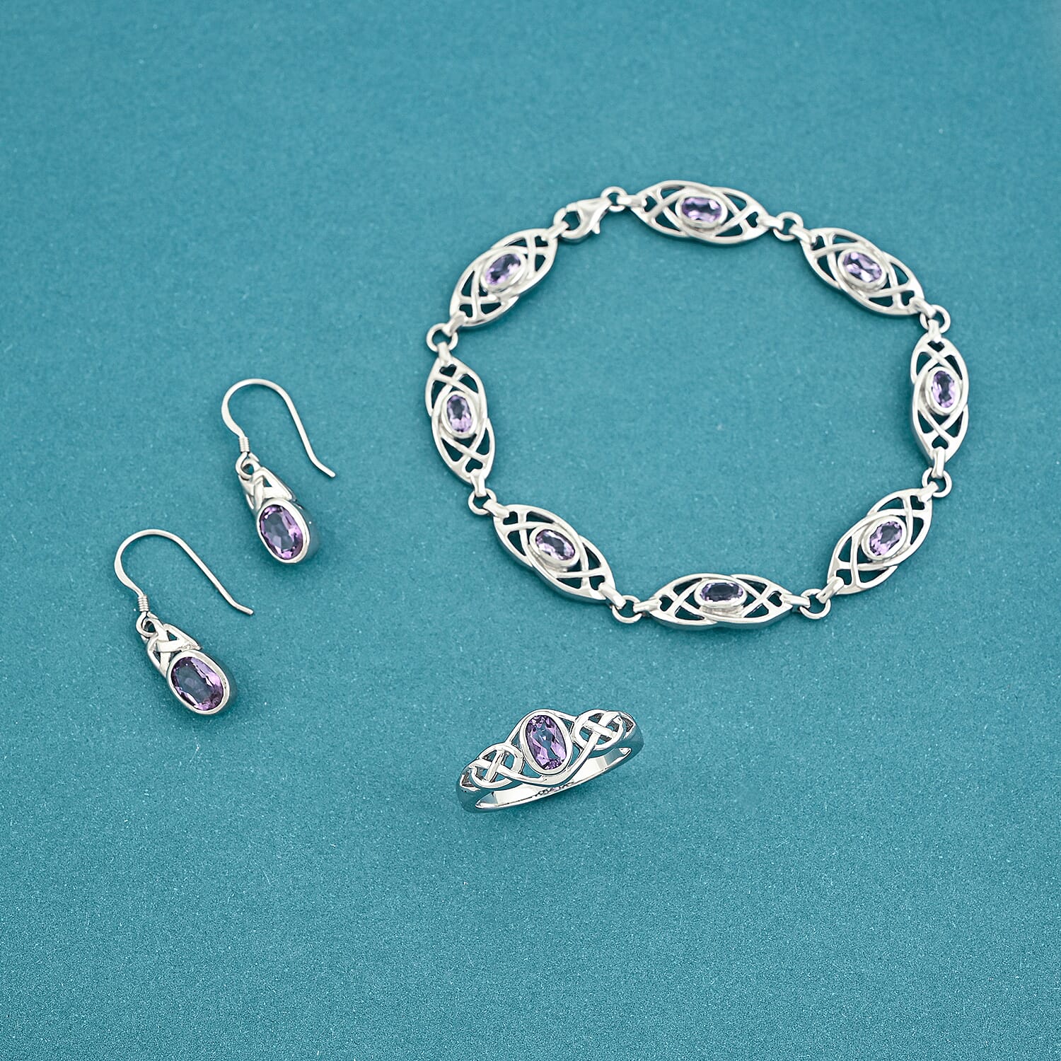 Amethyst 2.70 ctw Earrings, Ring (Size 5.0) and Bracelet (7.50-8.50In) in Sterling Silver
