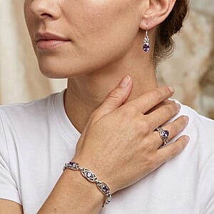 Amethyst 2.70 ctw Earrings, Ring (Size 5.0) and Bracelet (7.50-8.50In) in Sterling Silver