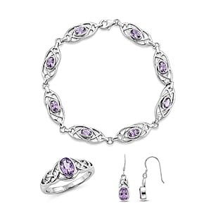 Amethyst 2.70 ctw Earrings, Ring (Size 10.0) and Bracelet (7.50-8.50In) in Sterling Silver