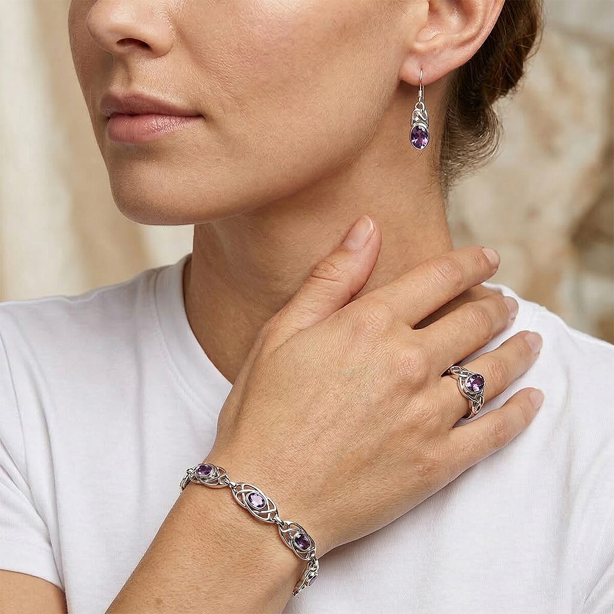 Amethyst 2.70 ctw Earrings, Ring (Size 11.0) and Bracelet (7.50-8.50In) in Sterling Silver image number 2