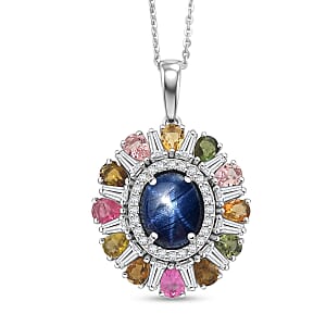 D'Joy Premium Blue Star Sapphire and Multi Gemstone 8.10 ctw Pendant Necklace in Rhodium Over Sterling Silver 20 Inches