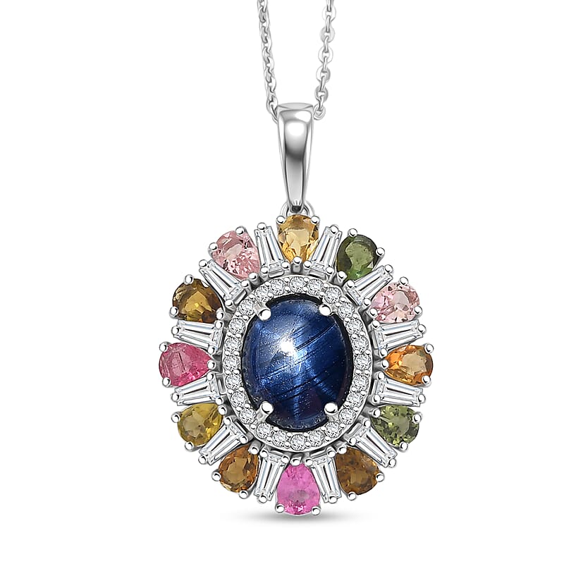 GP Celestial Dream Collection Premium Blue Star Sapphire and Multi Gemstone 7.60 ctw Pendant Necklace in Rhodium Over Sterling Silver 20 Inches