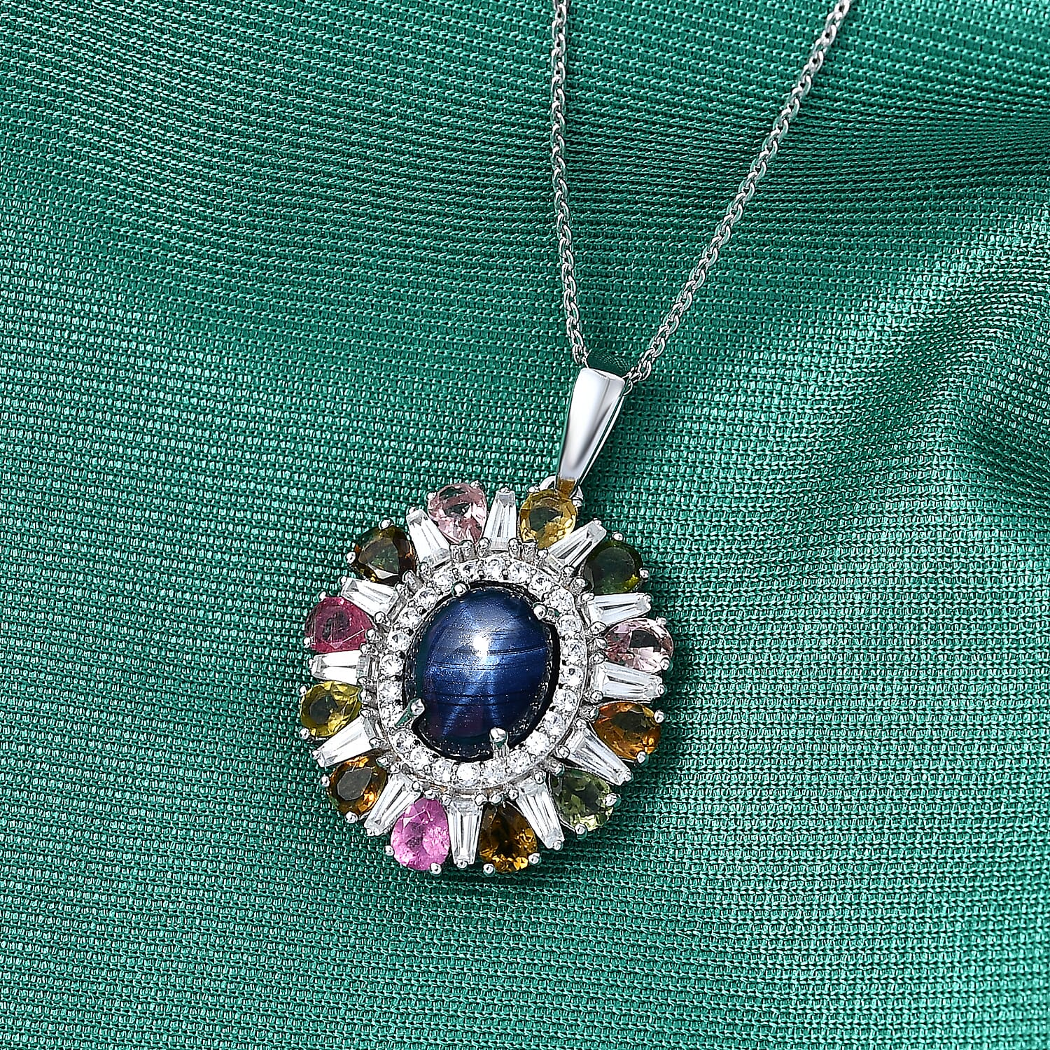 GP Celestial Dream Collection Premium Blue Star Sapphire and Multi Gemstone 7.60 ctw Pendant Necklace in Rhodium Over Sterling Silver 20 Inches