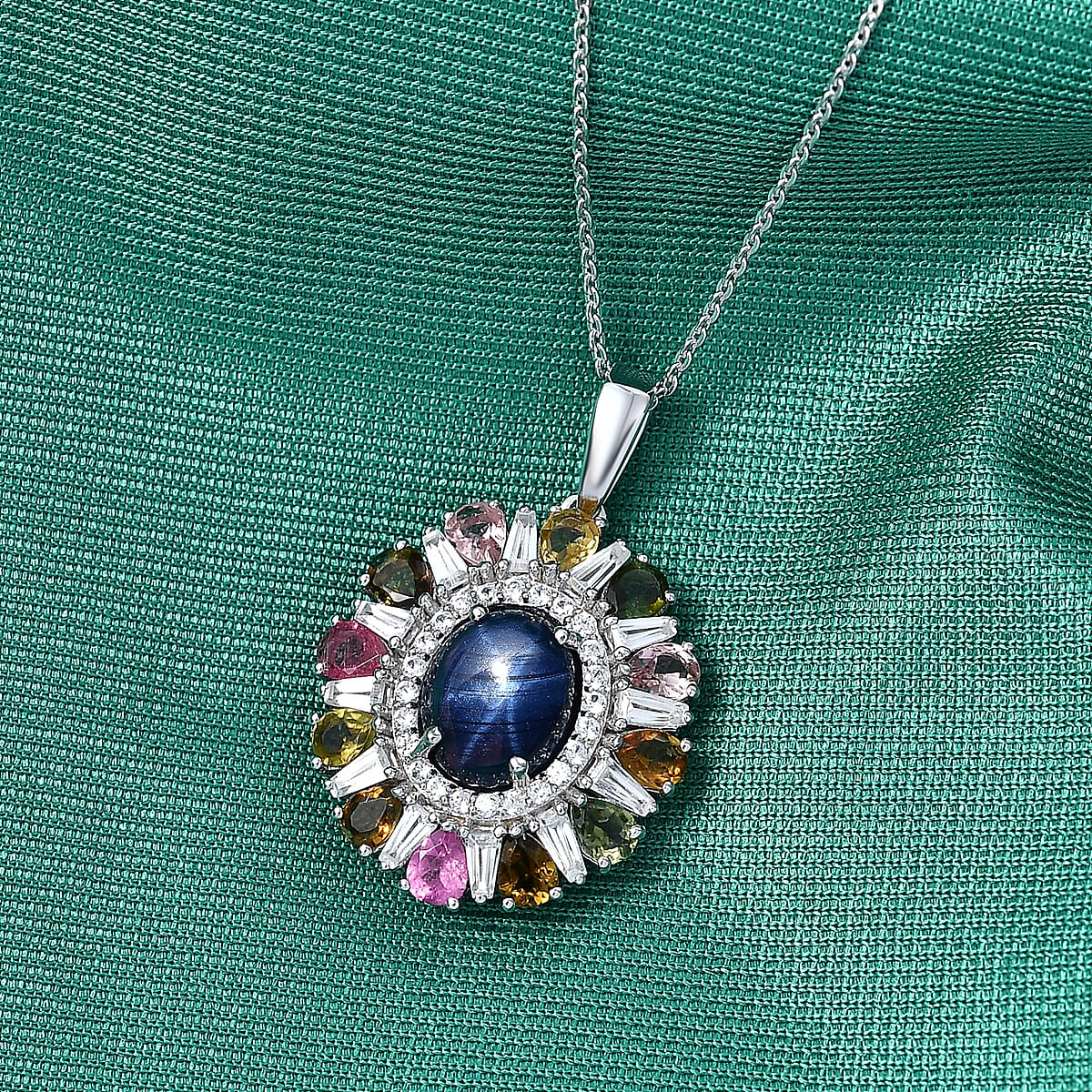 D'Joy Premium Blue Star Sapphire and Multi Gemstone 8.10 ctw Pendant Necklace in Rhodium Over Sterling Silver 20 Inches image number 1