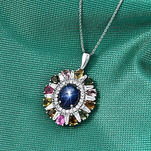 D'Joy Premium Blue Star Sapphire and Multi Gemstone 8.10 ctw Pendant Necklace in Rhodium Over Sterling Silver 20 Inches