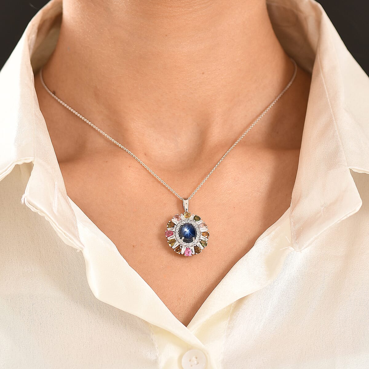D'Joy Premium Blue Star Sapphire and Multi Gemstone 8.10 ctw Pendant Necklace in Rhodium Over Sterling Silver 20 Inches image number 2
