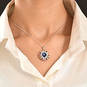 D'Joy Premium Blue Star Sapphire and Multi Gemstone 8.10 ctw Pendant Necklace in Rhodium Over Sterling Silver 20 Inches