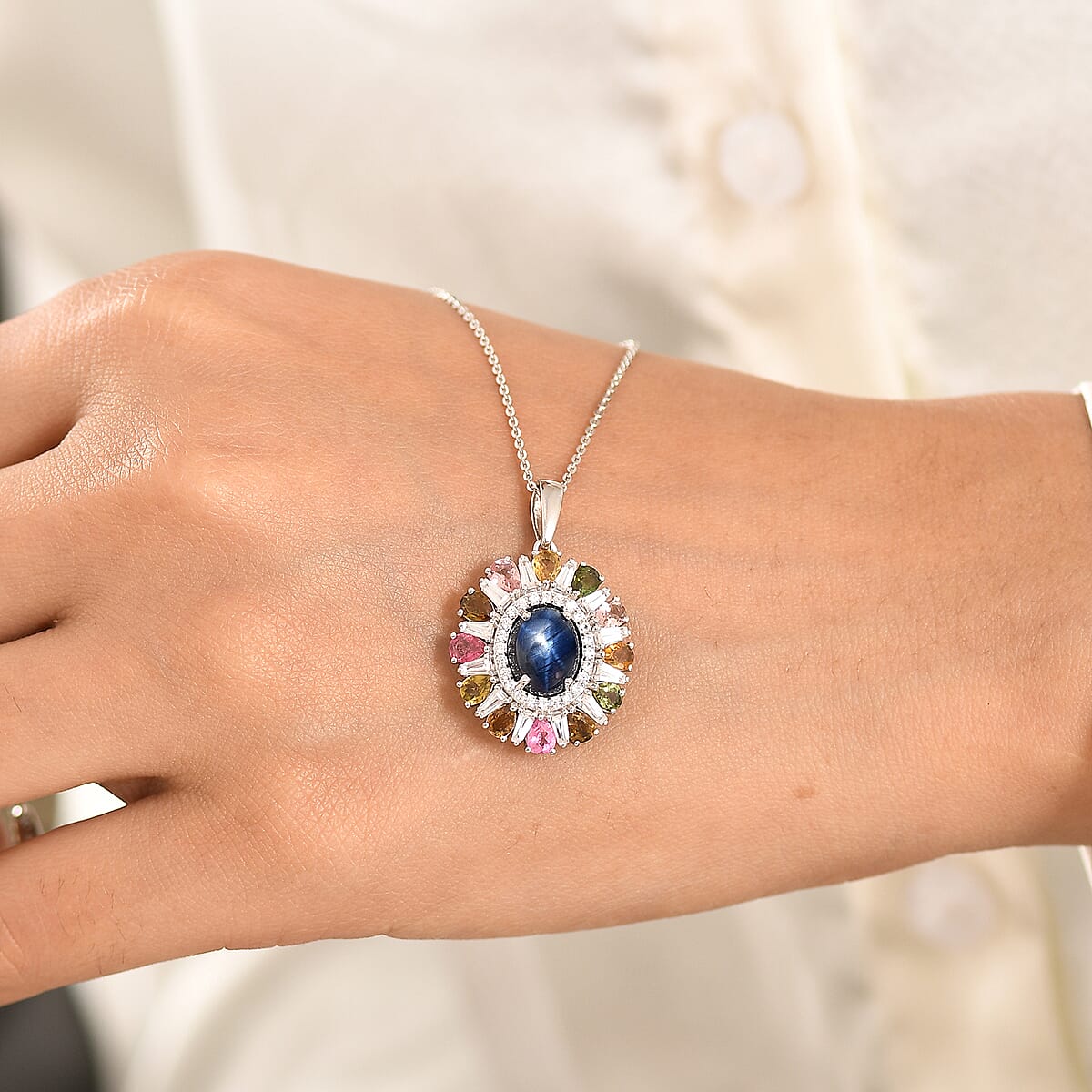 D'Joy Premium Blue Star Sapphire and Multi Gemstone 8.10 ctw Pendant Necklace in Rhodium Over Sterling Silver 20 Inches image number 3