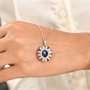 D'Joy Premium Blue Star Sapphire and Multi Gemstone 8.10 ctw Pendant Necklace in Rhodium Over Sterling Silver 20 Inches