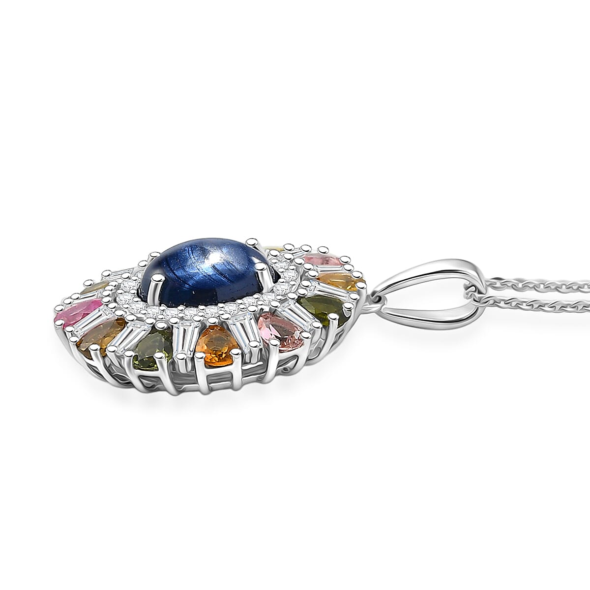 D'Joy Premium Blue Star Sapphire and Multi Gemstone 8.10 ctw Pendant Necklace in Rhodium Over Sterling Silver 20 Inches image number 4