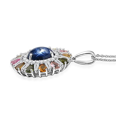 GP Celestial Dream Collection Premium Blue Star Sapphire and Multi Gemstone 7.60 ctw Pendant Necklace in Rhodium Over Sterling Silver 20 Inches