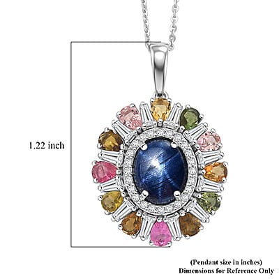 GP Celestial Dream Collection Premium Blue Star Sapphire and Multi Gemstone 7.60 ctw Pendant Necklace in Rhodium Over Sterling Silver 20 Inches