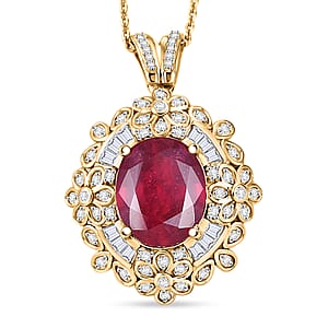 GP Premium Niassa Ruby FF and White Zircon 6.80 ctw Pendant Necklace in 18K Vermeil Yellow Gold Over Sterling Silver 20 Inches