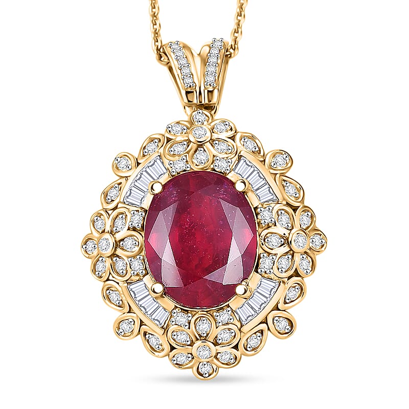 GP Italian Garden Collection Premium Niassa Ruby FF and White Zircon 6.80 ctw Pendant Necklace in 18K Vermeil Yellow Gold Over Sterling Silver 20 Inches