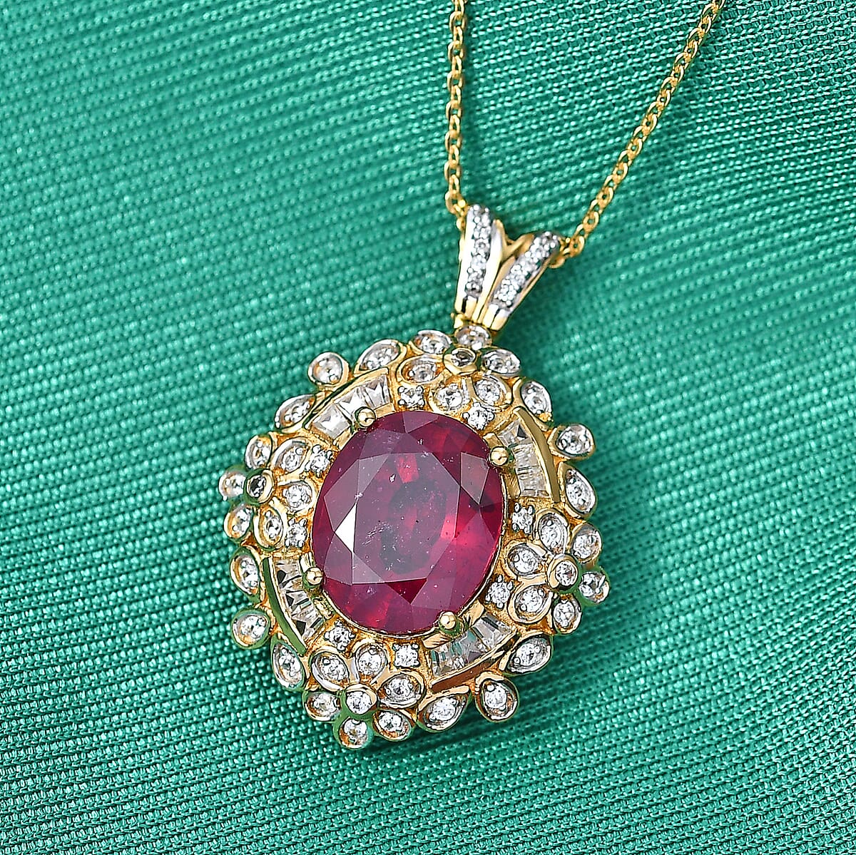 GP Premium Niassa Ruby FF and White Zircon 6.80 ctw Pendant Necklace in 18K Vermeil Yellow Gold Over Sterling Silver 20 Inches image number 1