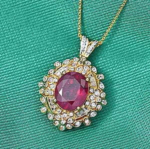 GP Premium Niassa Ruby FF and White Zircon 6.80 ctw Pendant Necklace in 18K Vermeil Yellow Gold Over Sterling Silver 20 Inches