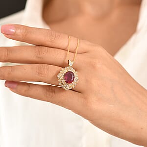 GP Premium Niassa Ruby FF and White Zircon 6.80 ctw Pendant Necklace in 18K Vermeil Yellow Gold Over Sterling Silver 20 Inches