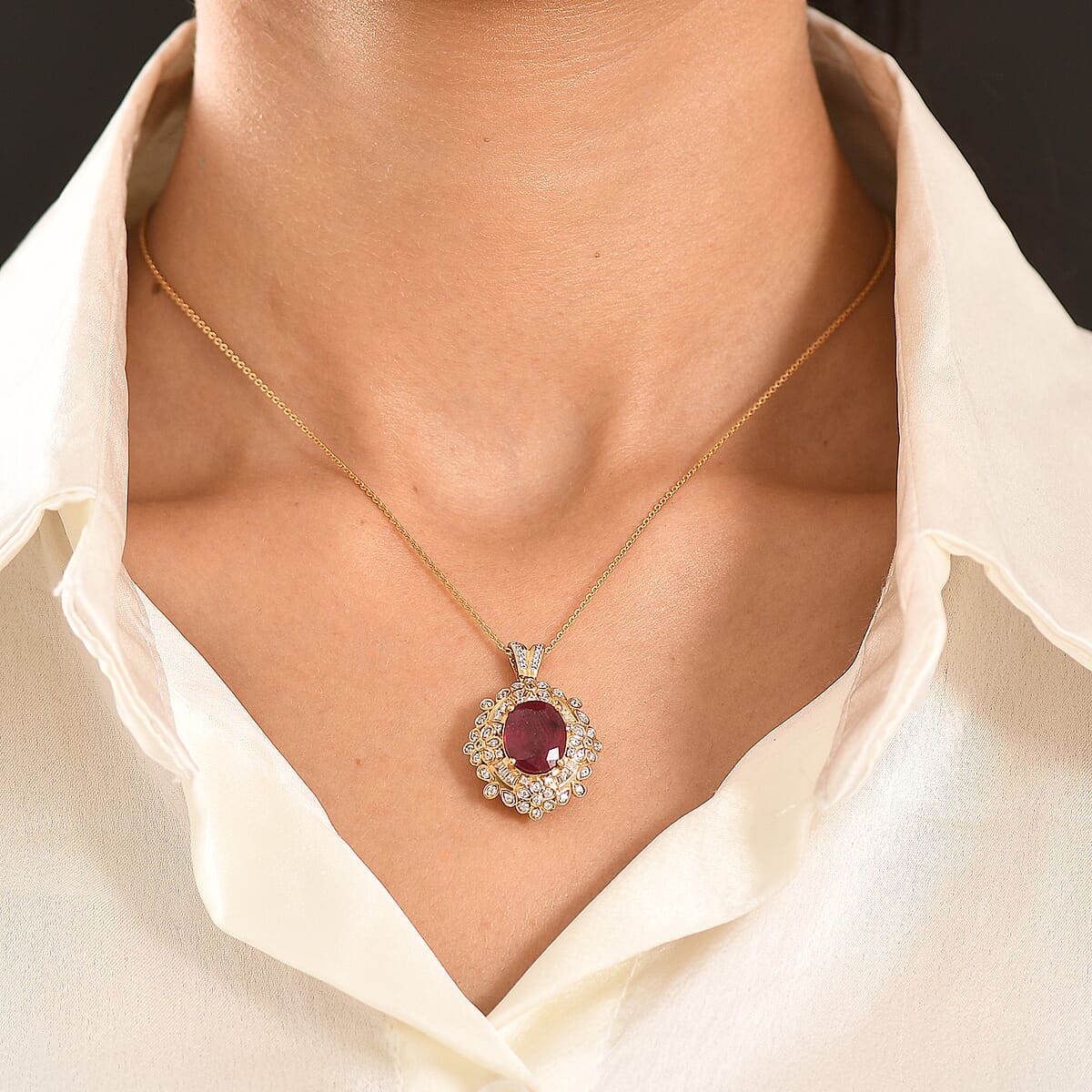 GP Premium Niassa Ruby FF and White Zircon 6.80 ctw Pendant Necklace in 18K Vermeil Yellow Gold Over Sterling Silver 20 Inches image number 3