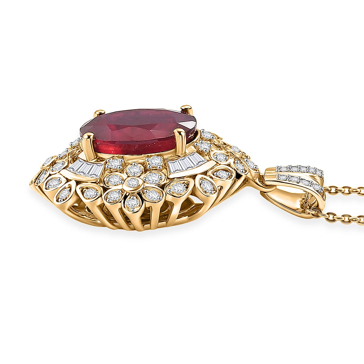GP Premium Niassa Ruby FF and White Zircon 6.80 ctw Pendant Necklace in 18K Vermeil Yellow Gold Over Sterling Silver 20 Inches image number 4