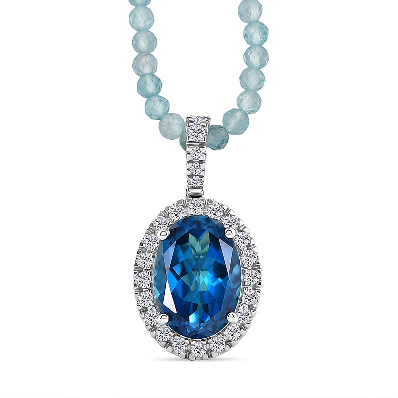 D'Joy Premium London Blue Topaz and Moissanite 40.15 ctw Midnight Ocean Halo Pendant with Apatite Beaded Necklace in Rhodium Over Sterling Silver 20 Inches