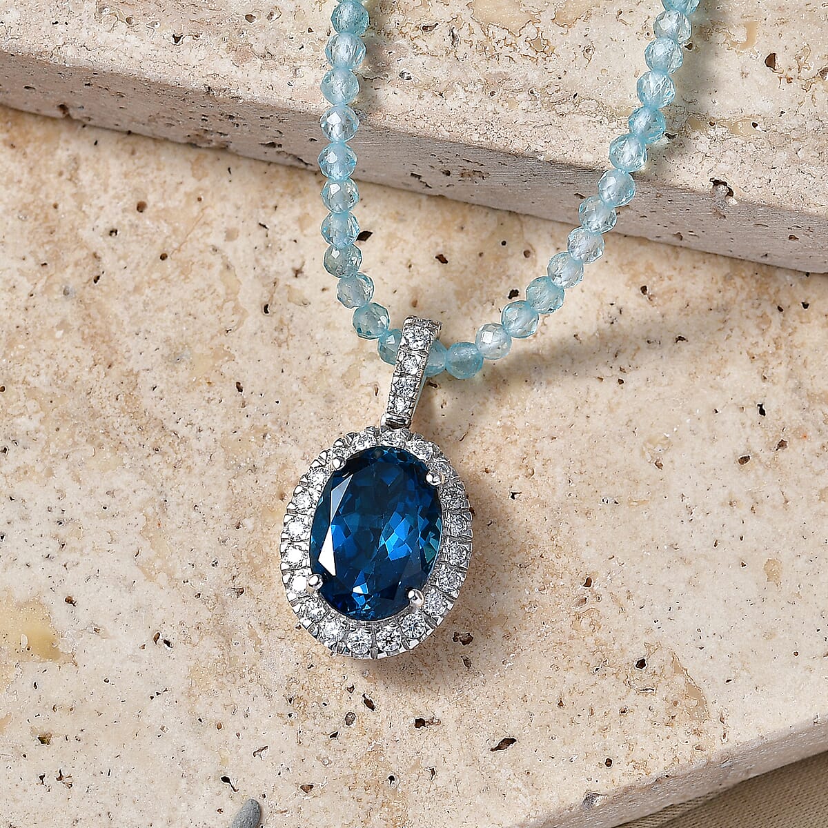 D'Joy Premium London Blue Topaz and Moissanite 40.15 ctw Midnight Ocean Halo Pendant with Apatite Beaded Necklace in Rhodium Over Sterling Silver 20 Inches  image number 1