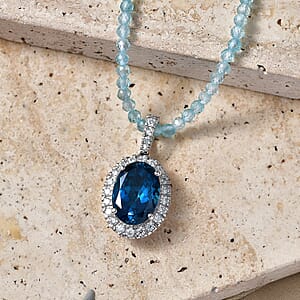 D'Joy Premium London Blue Topaz and Moissanite 40.15 ctw Midnight Ocean Halo Pendant with Apatite Beaded Necklace in Rhodium Over Sterling Silver 20 Inches 