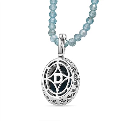 D'Joy Premium London Blue Topaz and Moissanite 40.15 ctw Midnight Ocean Halo Pendant with Apatite Beaded Necklace in Rhodium Over Sterling Silver 20 Inches
