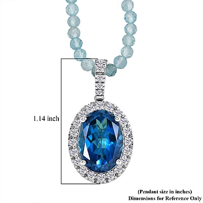 D'Joy Premium London Blue Topaz and Moissanite 40.15 ctw Midnight Ocean Halo Pendant with Apatite Beaded Necklace in Rhodium Over Sterling Silver 20 Inches